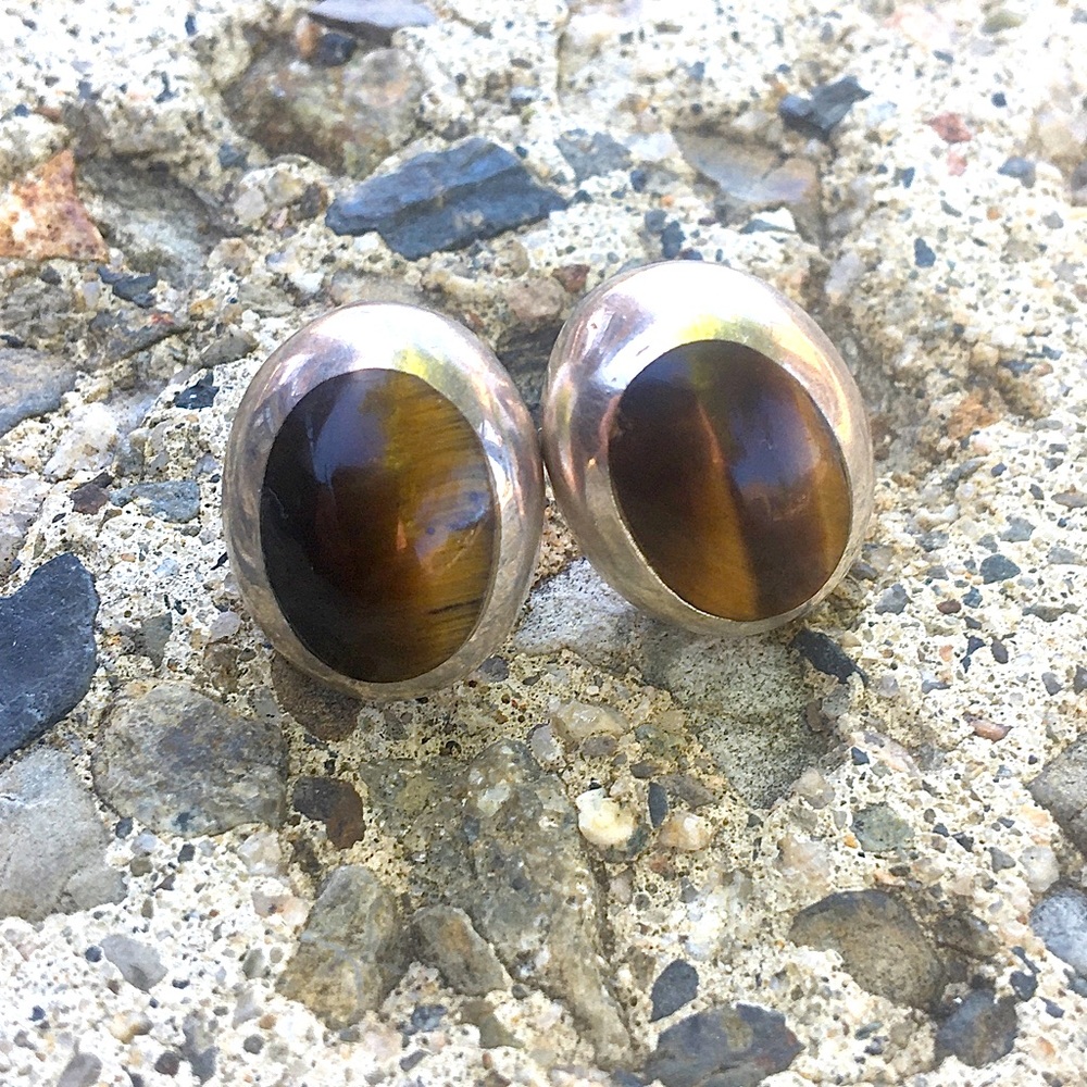Vintage Sterling Silver Tigers Eye Earrings!